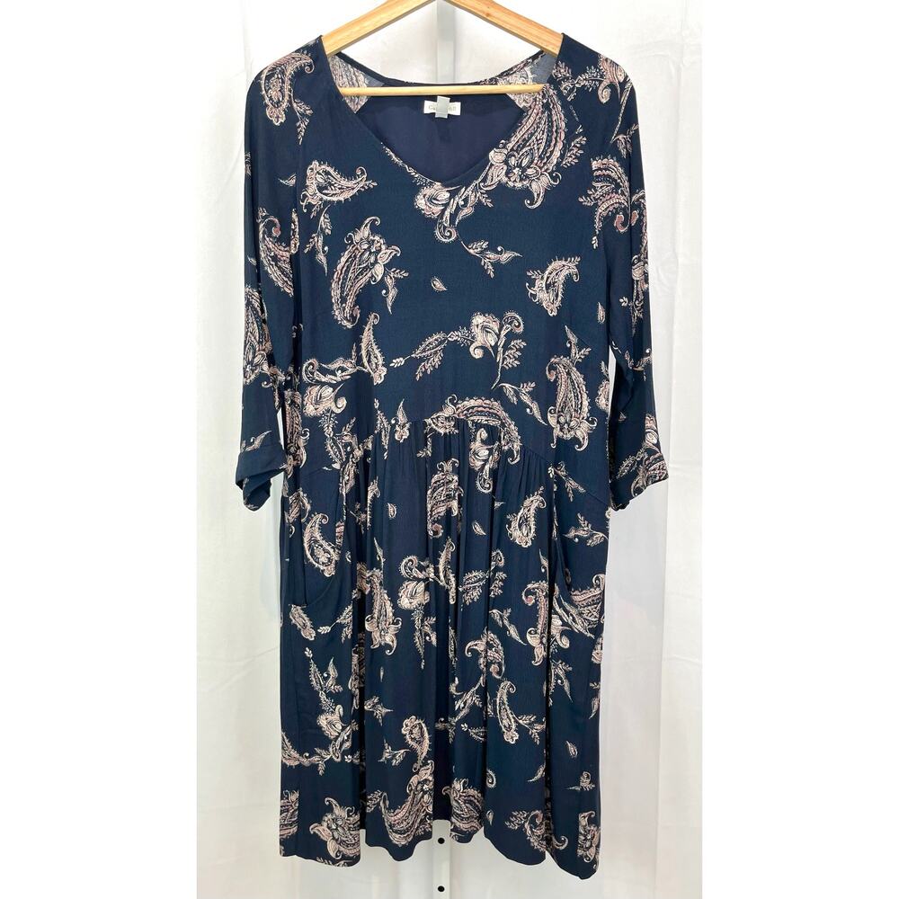 GARNET HILL Size 12 Paisley Bohemian Pocket Detail Dress Navy Blue